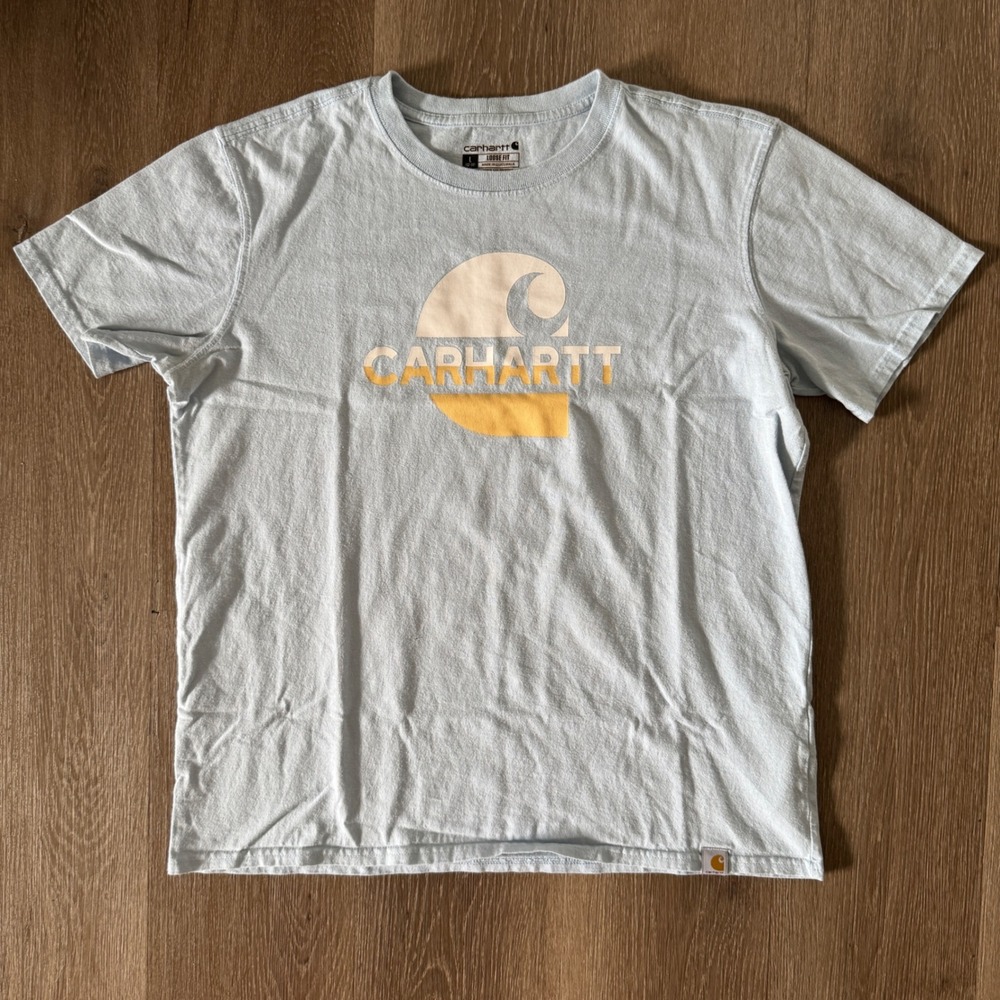 Carhartt T-Shirt Women's L 12-14 Light Blue Loose Fit Graphic Logo TK5738-W